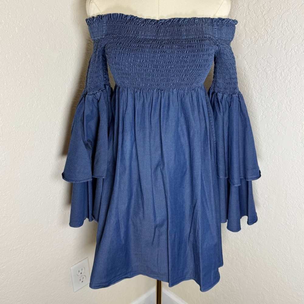 Caroline Constas Blue Denim Smocked Off Shoulder Tiered Bell Sleeve Mini Dress L